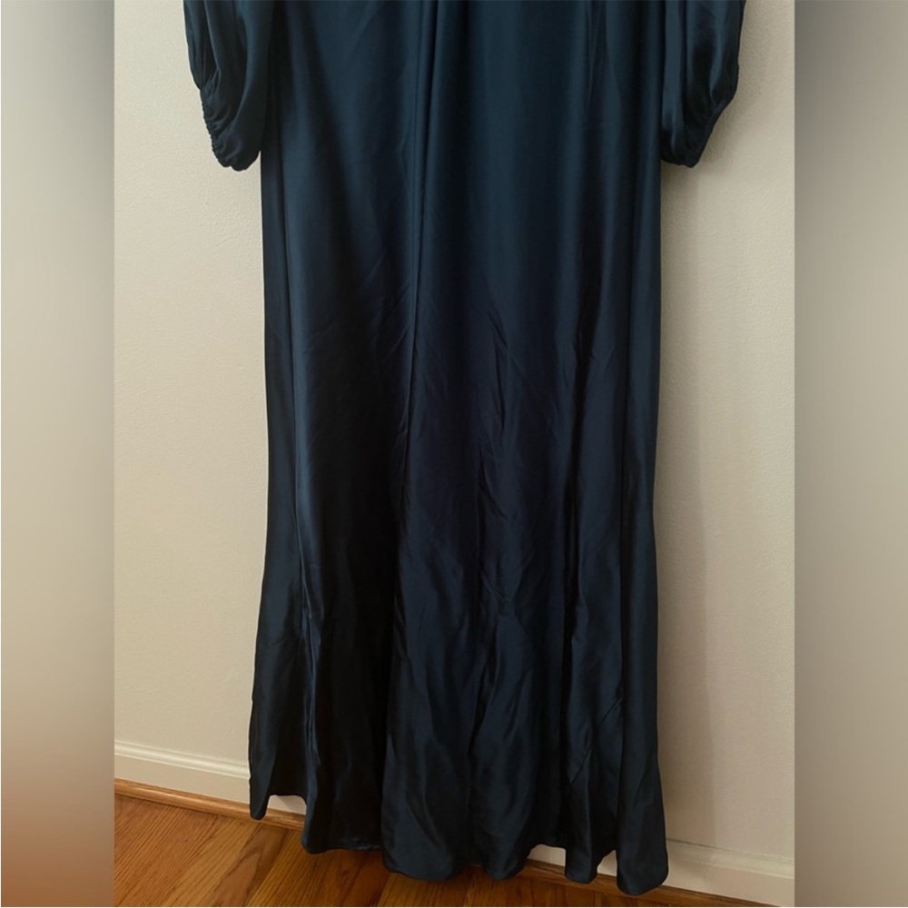 Mac Duggal Blue Beaded High Neck Bishop Sleeve Satin Gown - Picture 11 of 13